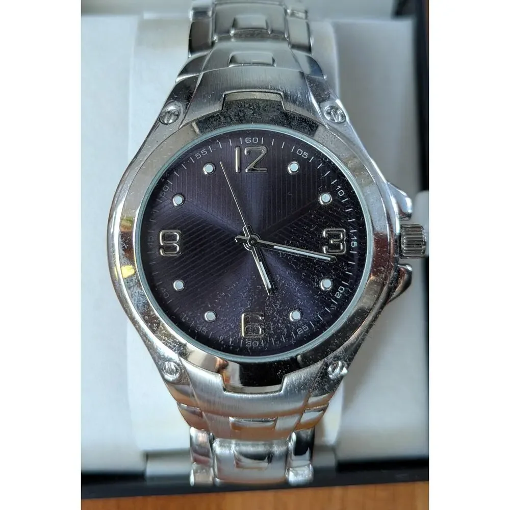 Kohls Stainless Steel Watch Silver Dial Quartz Bracelet Black Face New In Box